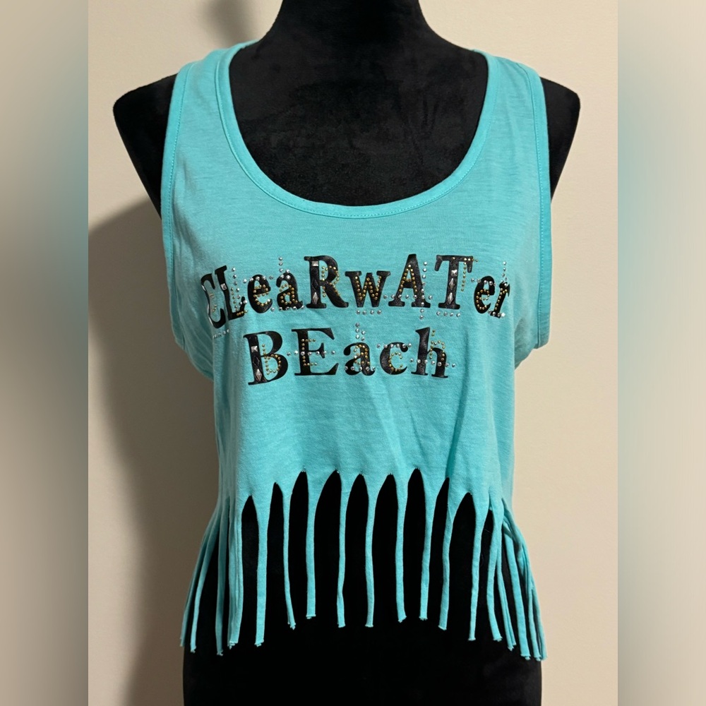 EUC Miami Style Blue and Black Clearwater Beach Cropped Fringe Tank size large